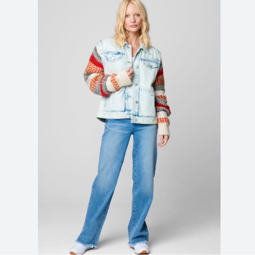 NEW Blank NYC Colorblock Stripe Sweater Sleeve Denim Trucker Jacket Acid Wash M - Picture 4 of 15
